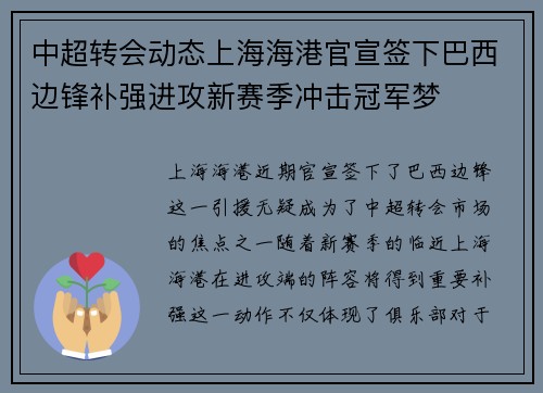中超转会动态上海海港官宣签下巴西边锋补强进攻新赛季冲击冠军梦